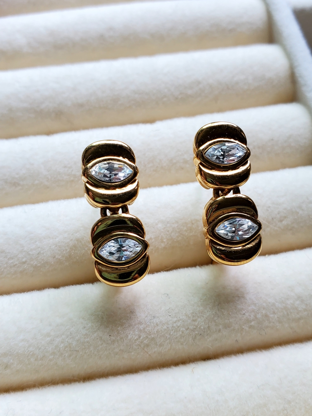 Vintage D'Orlan Gold Tone Marquise Crystal Clip-On Earrings | Articulated Dangle